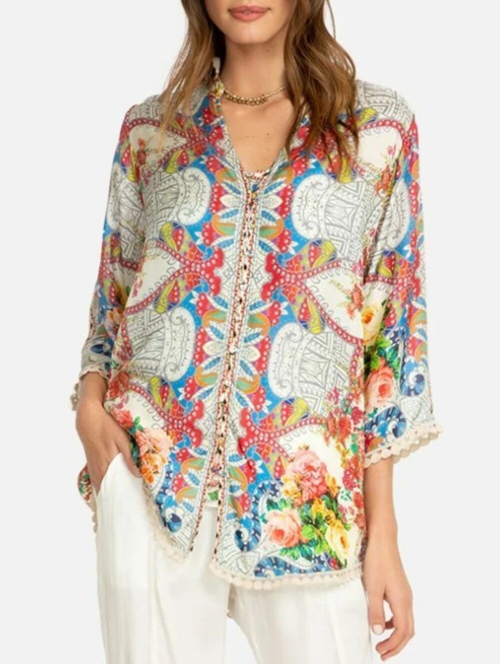 Johnny Was Silk Blush Button-Up 3/4 Sleeve Blouse Tunic Multi Floral Lace Trim